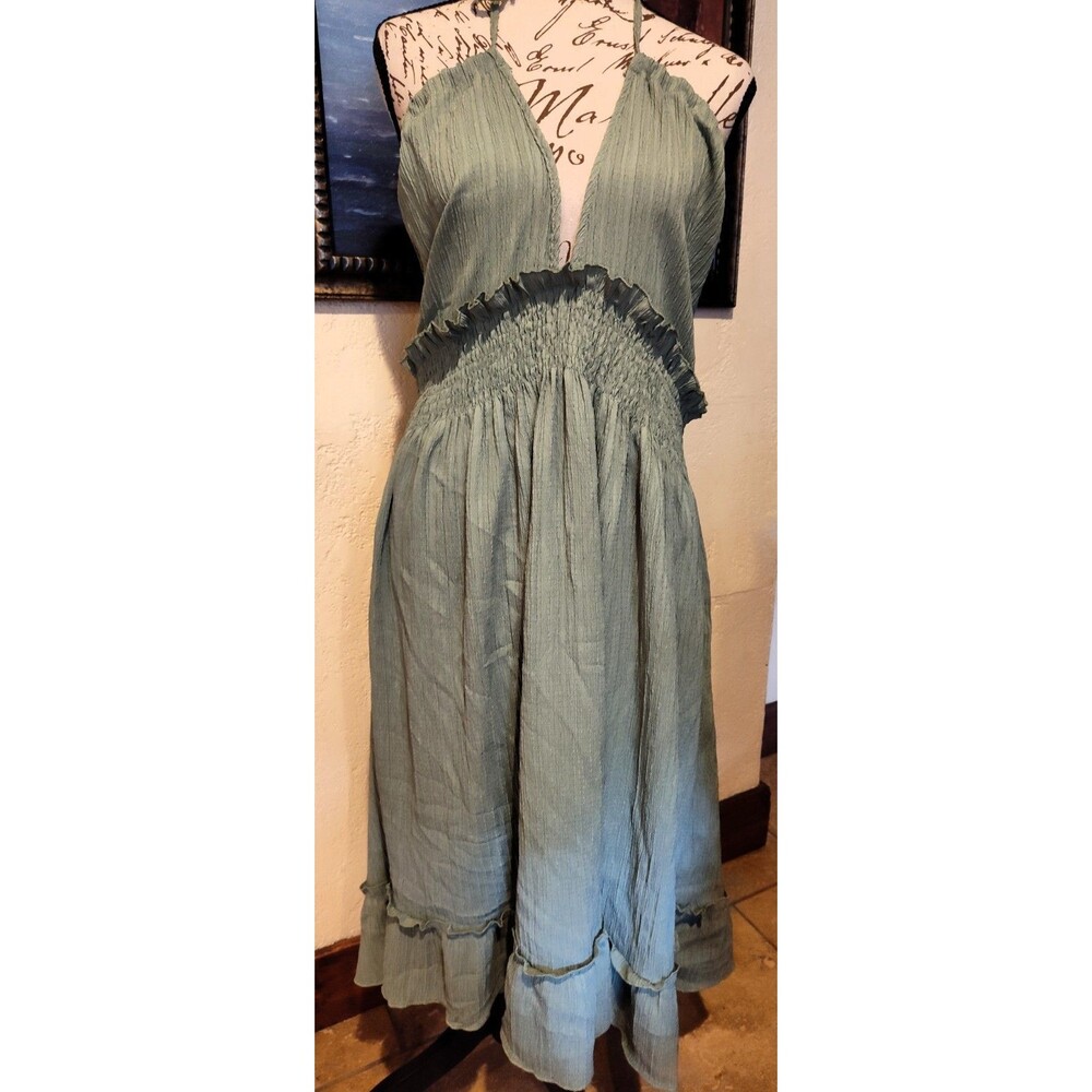 Moss Green Stretch Crinkle Tie Back Halter Dress w Ruffles Adjustable Sz M/XL